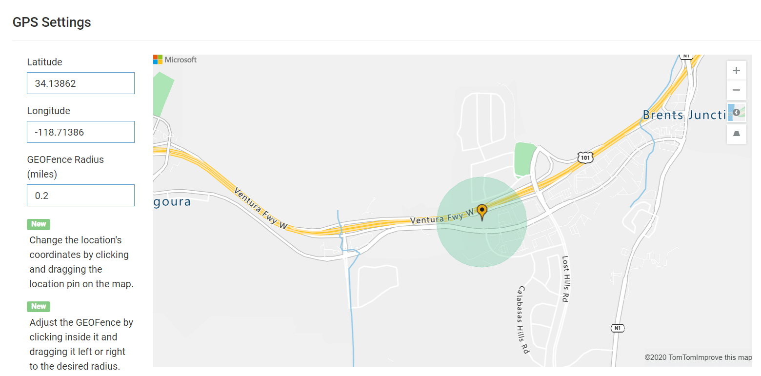 GPS settings with latitude, longitude and geofence radius fields beside a map showing the circular geofence around a job site