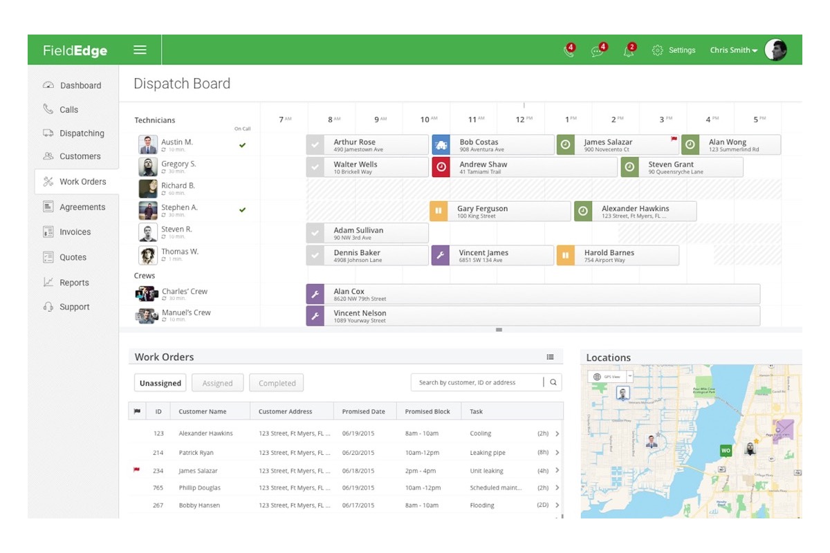 FieldEdge's Dispatch Board with technicians and crews listed down the left, hours across the top, and assigned jobs as coloured blocks carrying customer names and street addresses, above an unassigned Work Orders queue and a locations map.