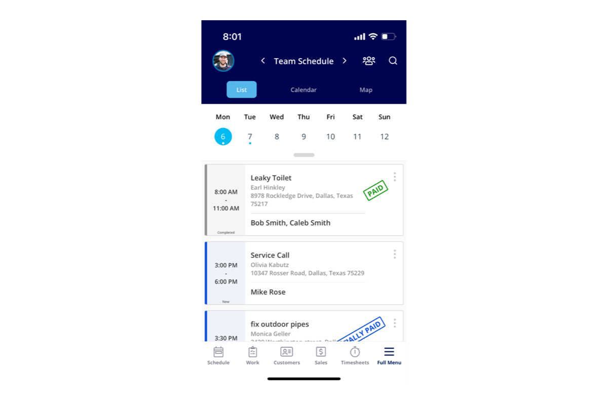 FieldPulse's Team Schedule on mobile with List, Calendar and Map tabs, a week strip across the top, and jobs listed by time window with customer name, address, assigned technicians and a paid status stamp.