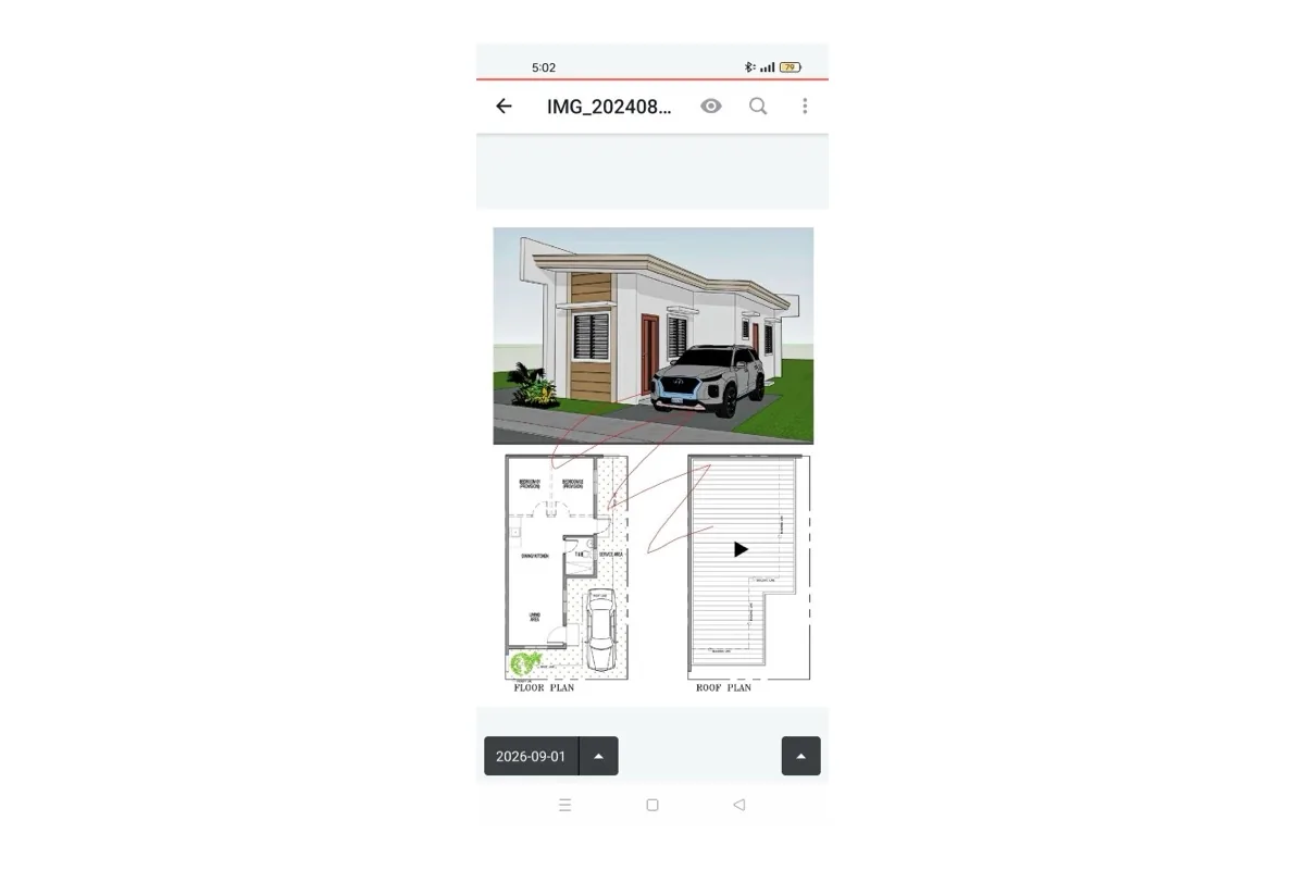 Fieldwire mobile app showing a house rendering with floor and roof plans, and red markup drawn on the sheet from the phone.