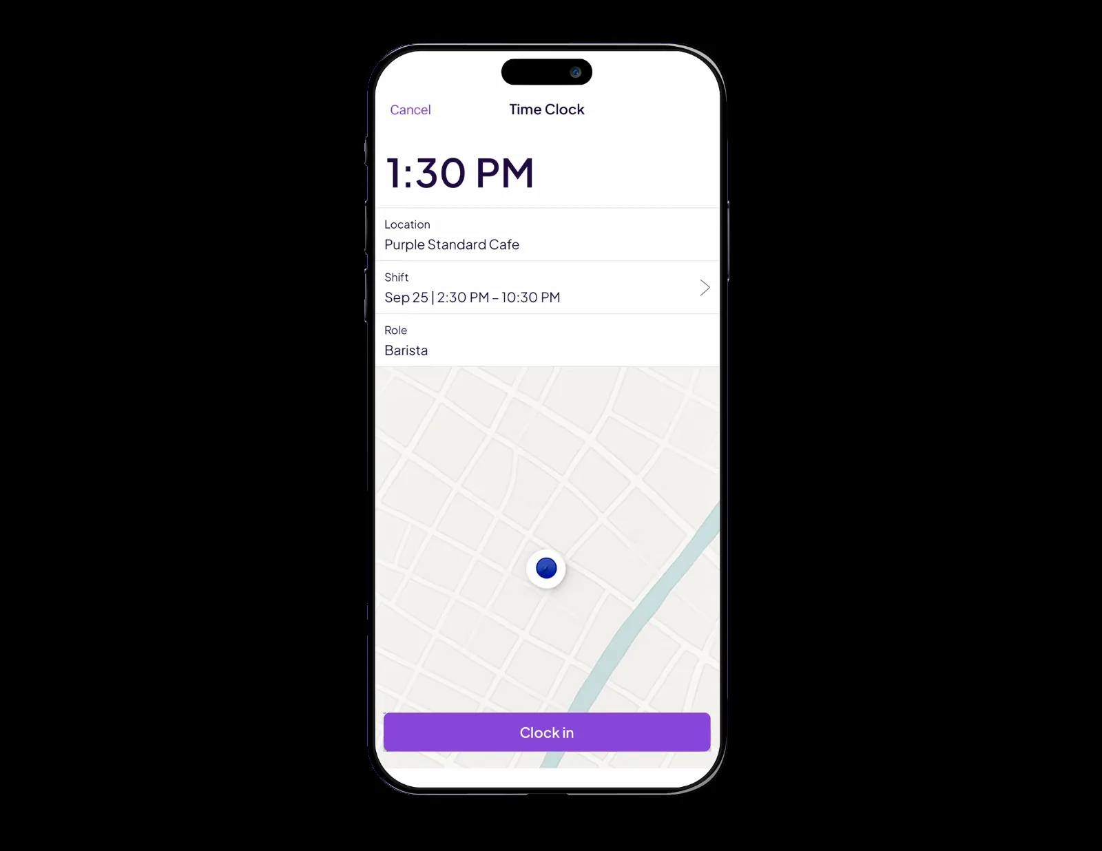Homebase's mobile Time Clock screen showing the location, scheduled shift and role above a map, with a purple Clock in button at the bottom.