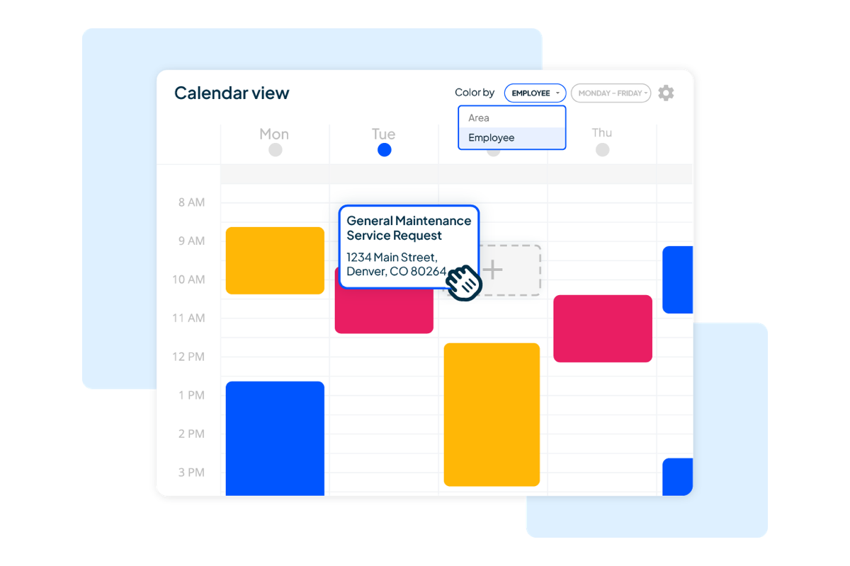 Housecall Pro's calendar view with days across the top and hours down the side, colour coded by employee, and a general maintenance service request card being dragged to a new slot with its street address attached.