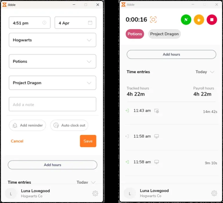Two Jibble desktop app windows side by side: one adding hours against a client, activity and project, the other showing a running timer with the day's tracked and payroll hours.