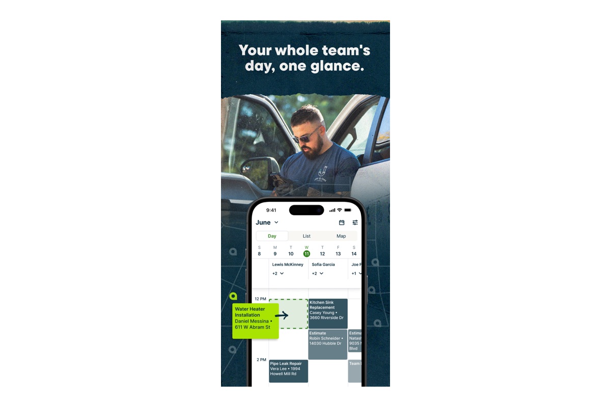 Jobber's mobile calendar in day view with a column per team member, showing jobs such as a kitchen sink replacement and a pipe leak repair with client names and addresses, and a water heater installation being dragged into an open slot.