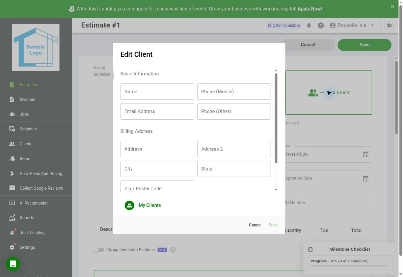 Joist web Edit Client modal opened while adding a new client to an estimate, with name, billing and service address, and private notes fields