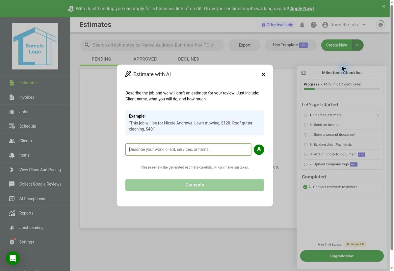 Joist web Estimate with AI prompt box with a typed description of two drywall repair areas at $250 each