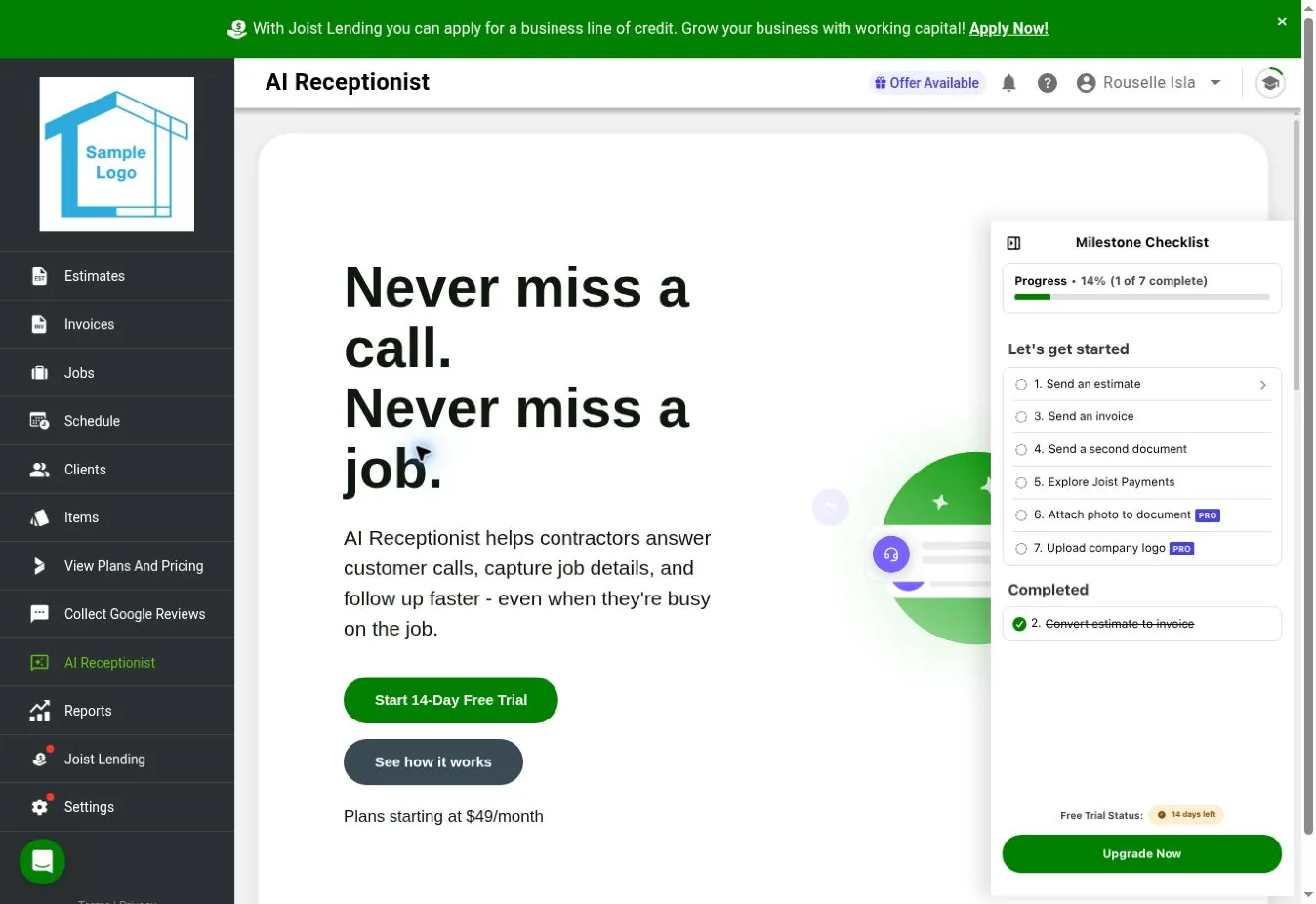 Joist web AI Receptionist add-on page with plans starting at $49 a month