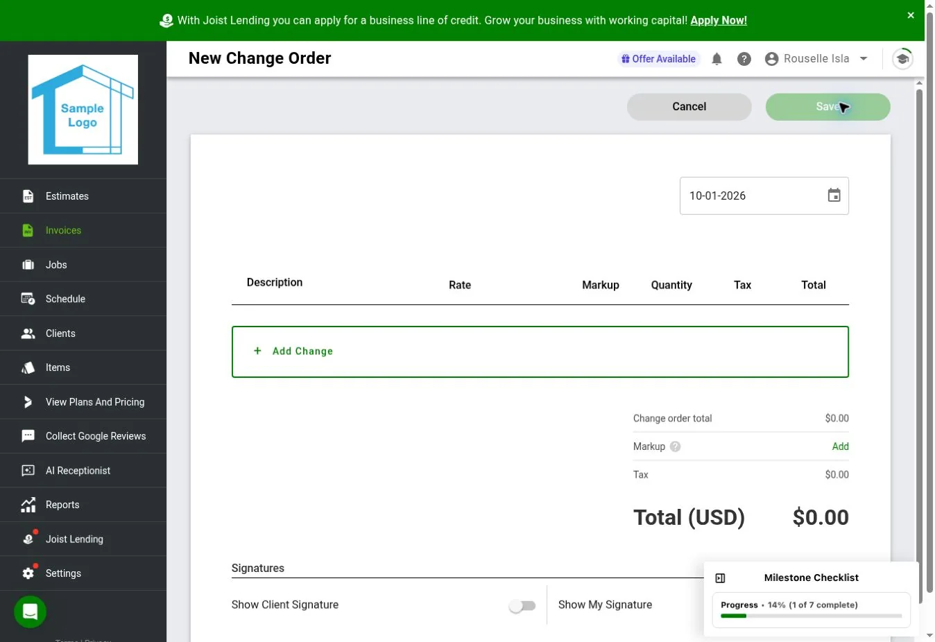 Joist web change order editor for describing and pricing extra work, with tax, totals, and signature options