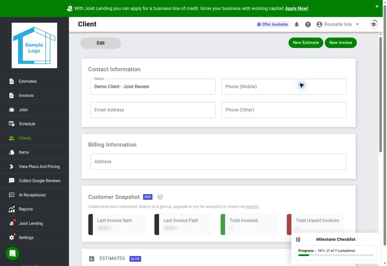 Joist web client profile with contact and billing details, document history, tags, private notes, and a Customer Snapshot section behind a Pro prompt