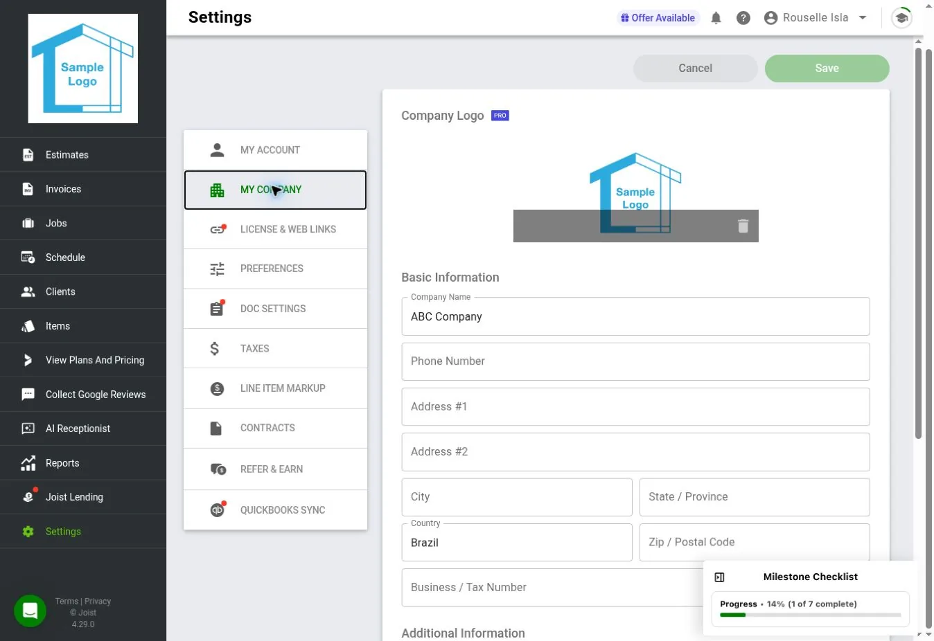 Joist web company profile settings with fields for business name, contact details, address, country, tax number, website, and industry