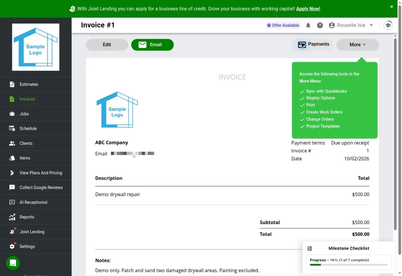 Joist web preview of the invoice converted from the estimate, carrying the $500 total, the scope note, and due-upon-receipt terms