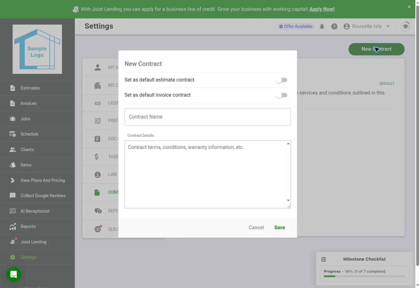 Joist web new contract form with a title, contract wording, estimate and invoice default options, and signature settings