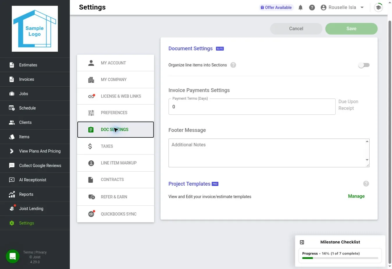 Joist web document default settings for payment terms, footer text, item grouping, and templates