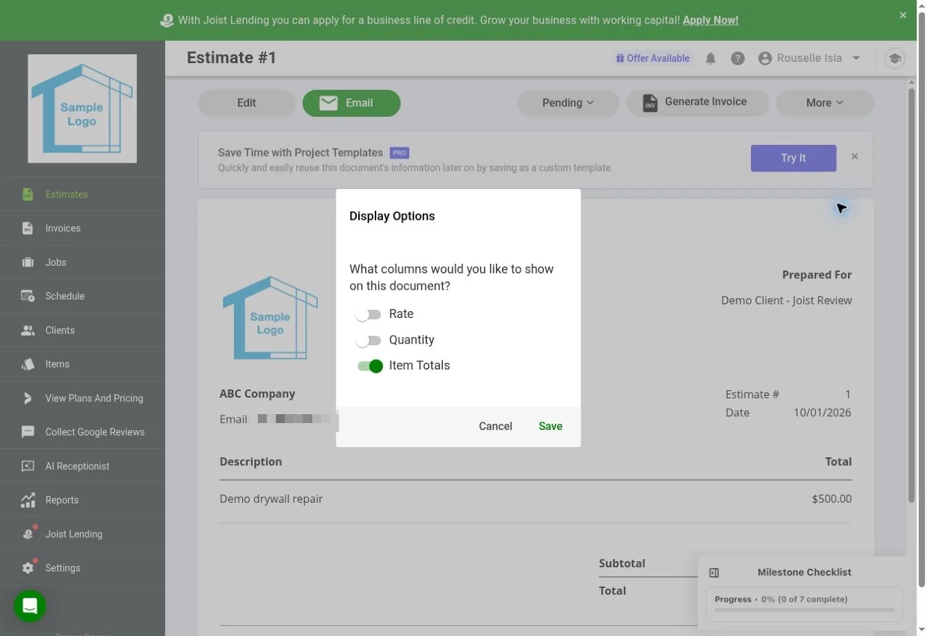 Joist web document display options with checkboxes for showing rate, quantity, and line item totals