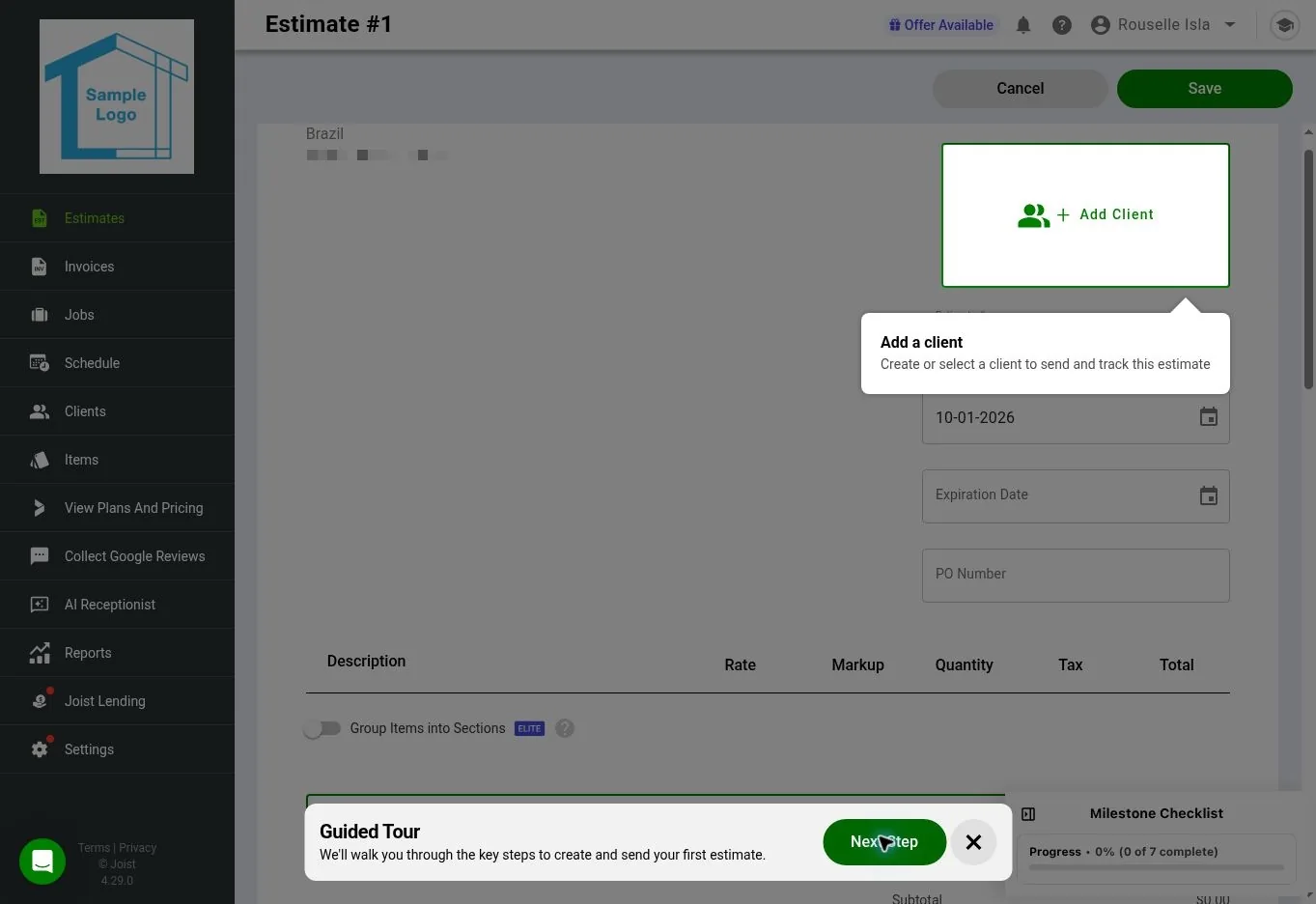 Joist web estimate editor with the guided tour highlighting the add client step