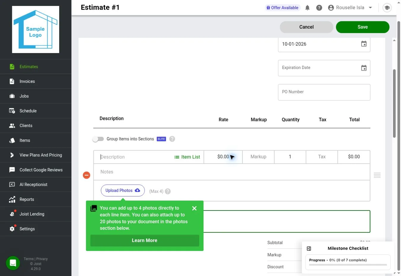 Joist web estimate line item with description, rate, quantity, and notes fields, an Upload Photos (Max 4) button, and Subtotal, Markup, and Discount totals