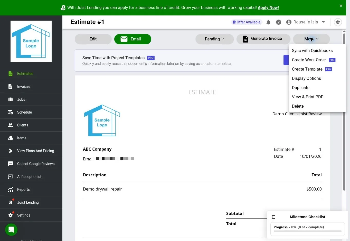 Joist web estimate More menu with sections, templates, duplicate, work order, and PDF options, with Pro labels on Work Order and Template