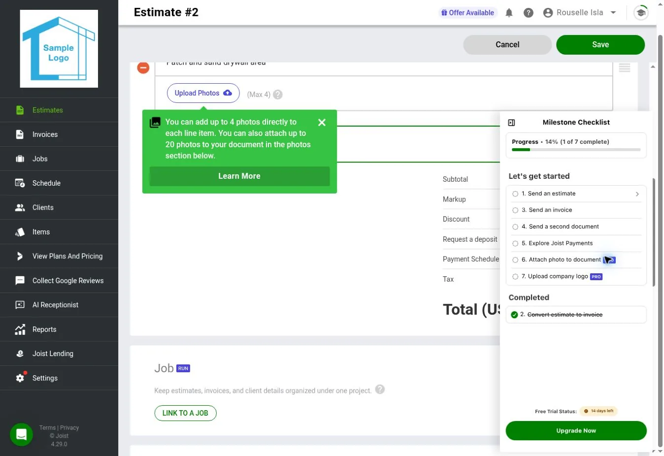 Joist web estimate options for Request a deposit, Payment Schedule, and Link to a Job, with the job option labeled Run