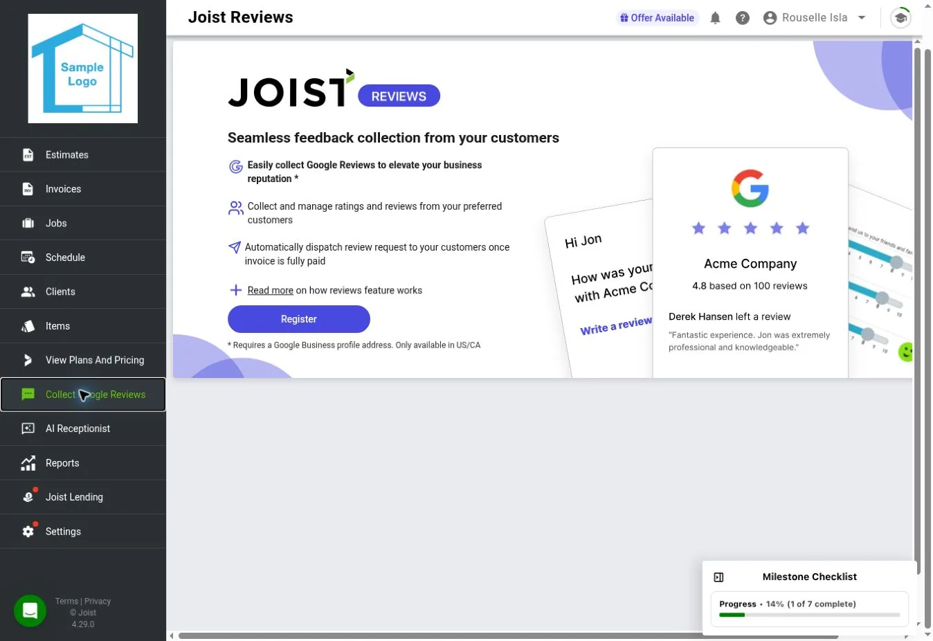 Joist web Joist Reviews page explaining review requests sent once an invoice is fully paid, available in the US and Canada