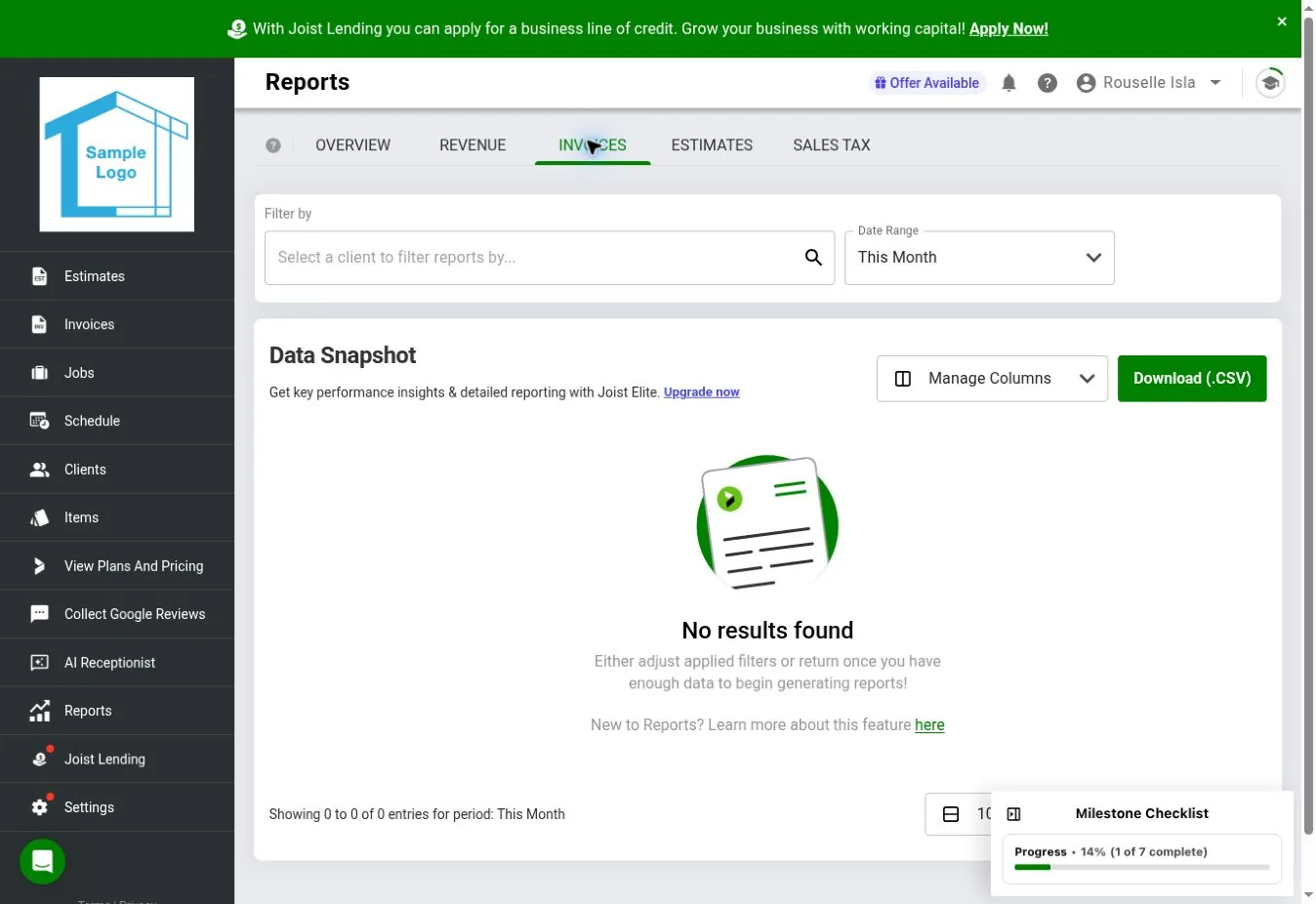 Joist web invoice report with client and date filters, selectable columns, CSV export, and a prompt for detailed reporting with Joist Elite