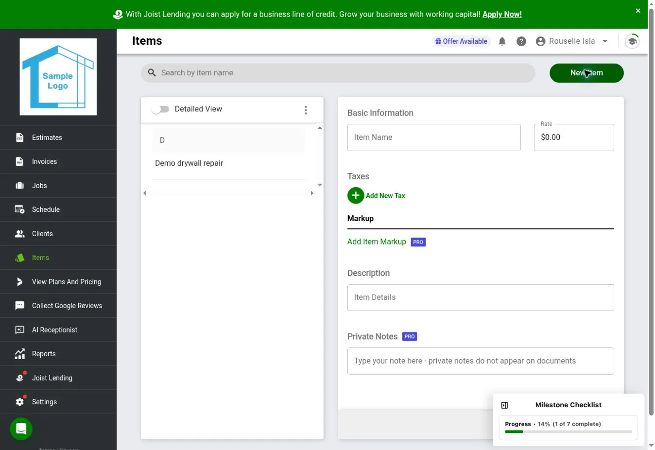Joist web item library with a new item form for rate, taxes, markup, description, and private notes