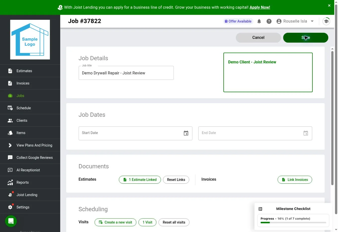 Joist web job record for a demo drywall repair with a linked estimate and a scheduled site visit