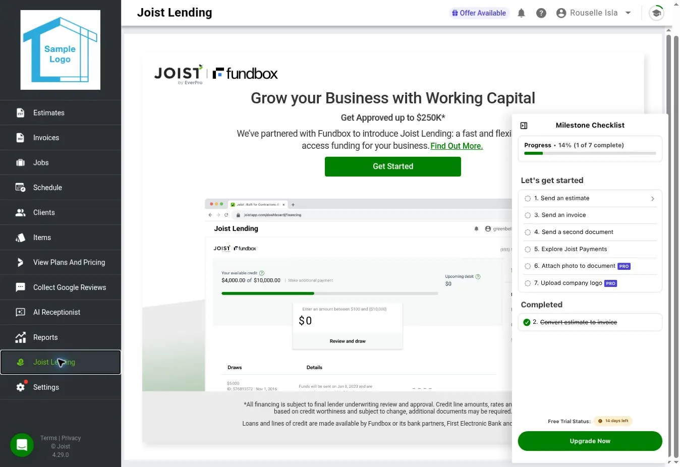 Joist web Joist Lending page with Fundbox working capital advertised up to $250K