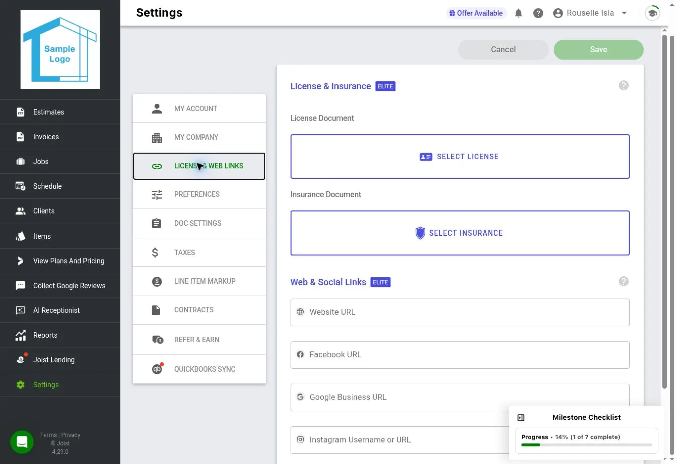 Joist web settings for license and insurance uploads plus website and social media links