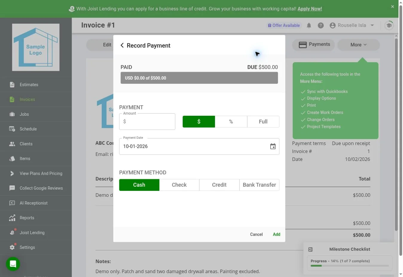 Joist web Record Payment form with amount, percentage, or full balance options and cash, check, credit, and bank transfer methods