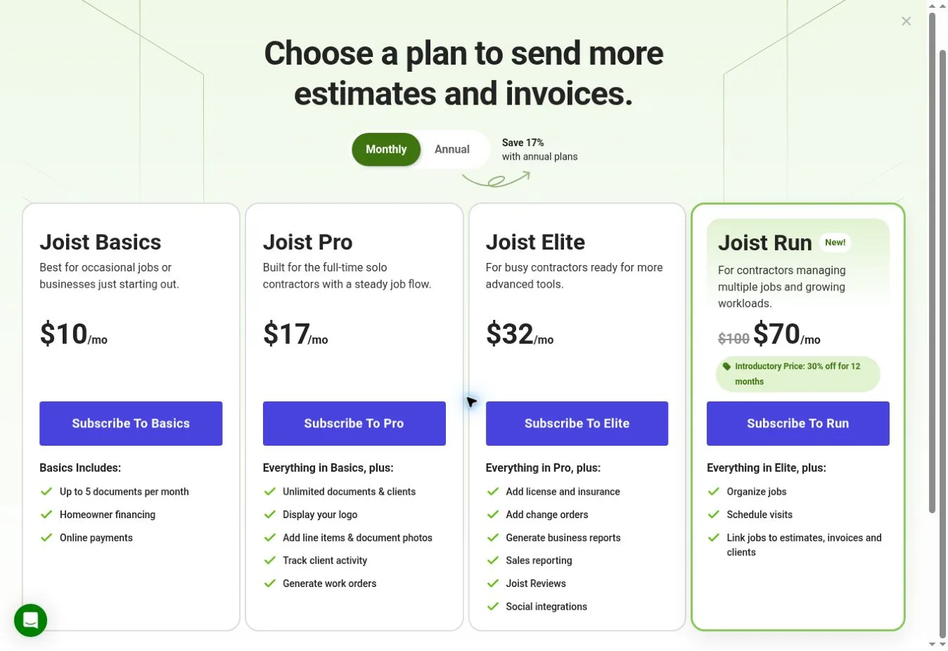 Joist web plan paywall showing Basics, Pro, Elite, and Run plans, with Run at $70 a month against a struck-through $100 and a Save 17% annual option