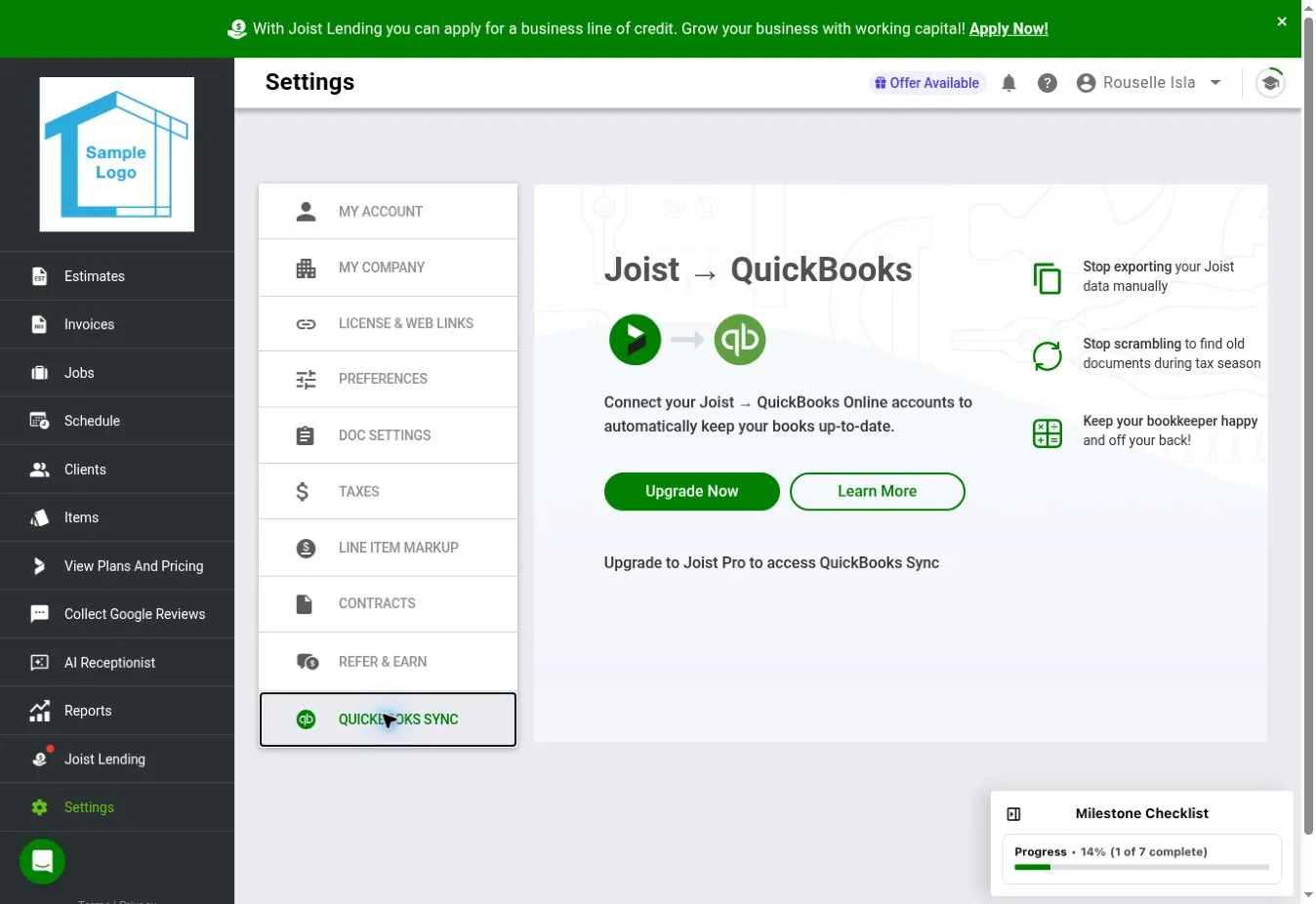 Joist web QuickBooks integration page with the message Upgrade to Joist Pro to access QuickBooks Sync