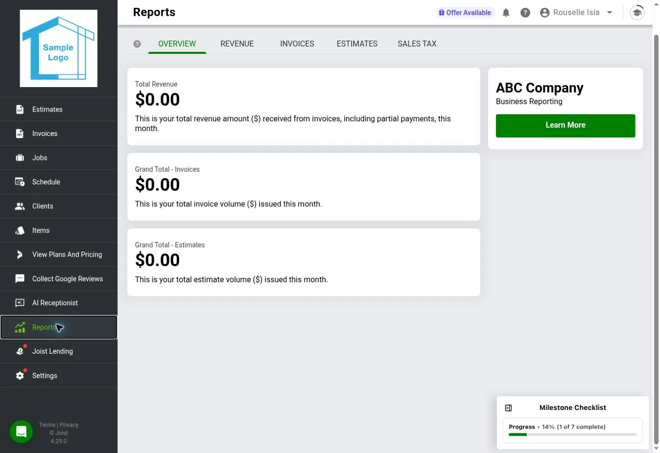 Joist web Reports overview showing zero totals after demo documents were created