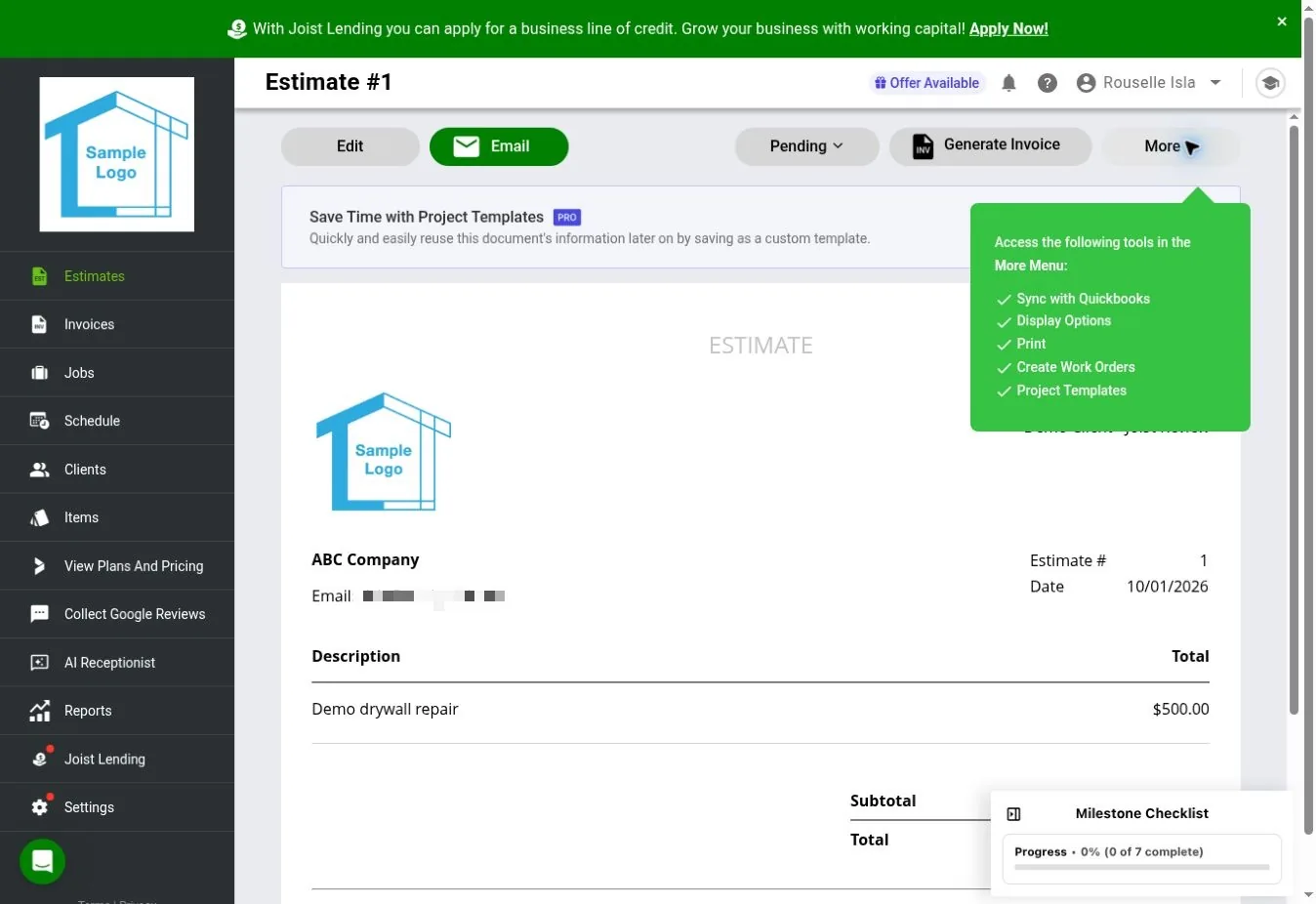 Joist web preview of the saved $500 drywall repair estimate for the demo client