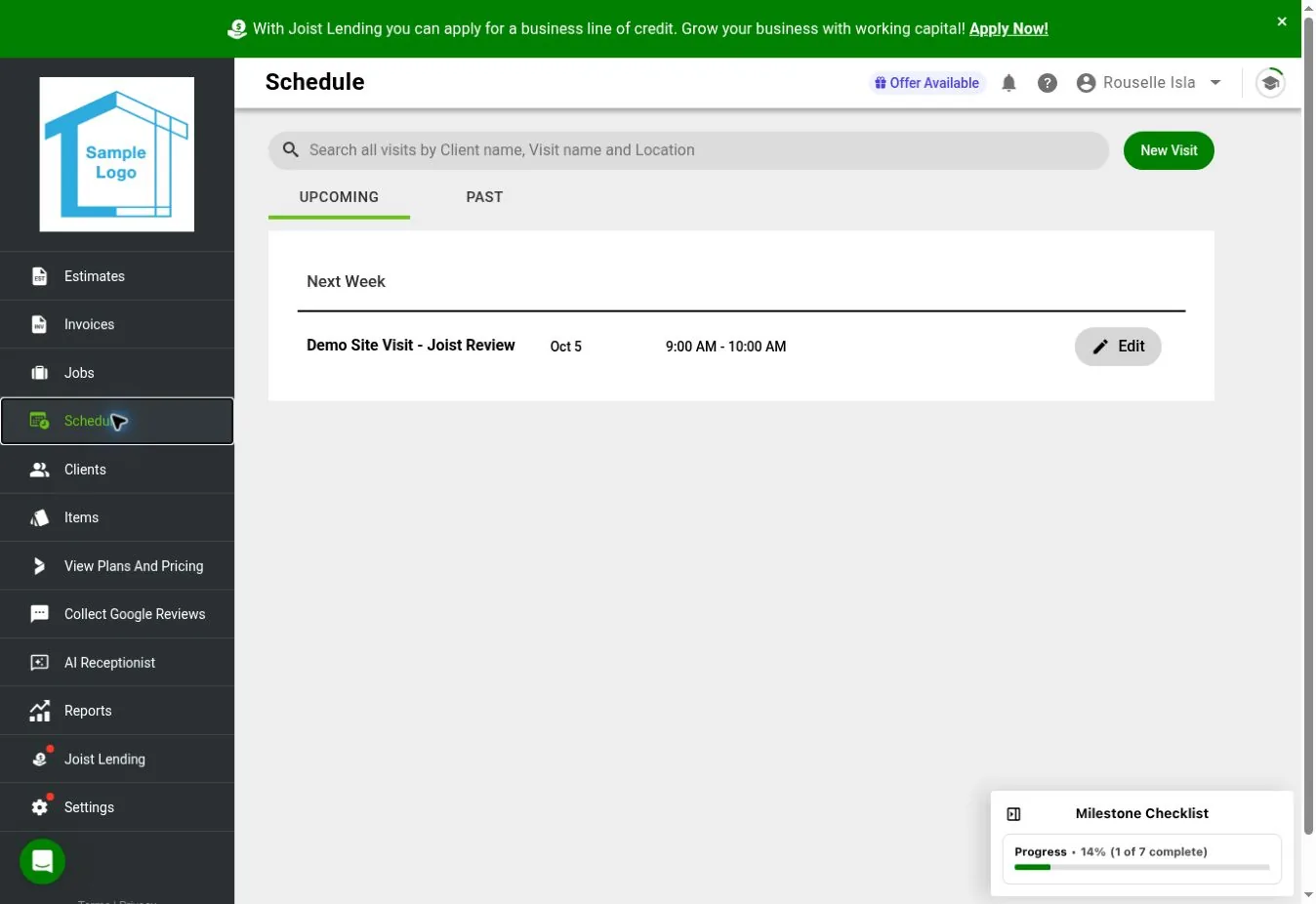 Joist web Schedule page listing the saved visit under Next Week with an Edit option