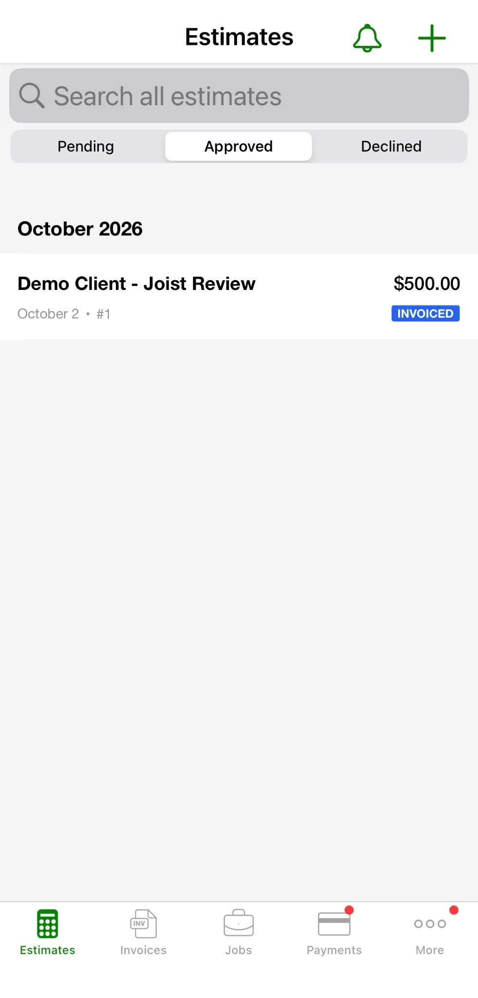 Joist iOS approved estimates list with the converted demo estimate marked Invoiced