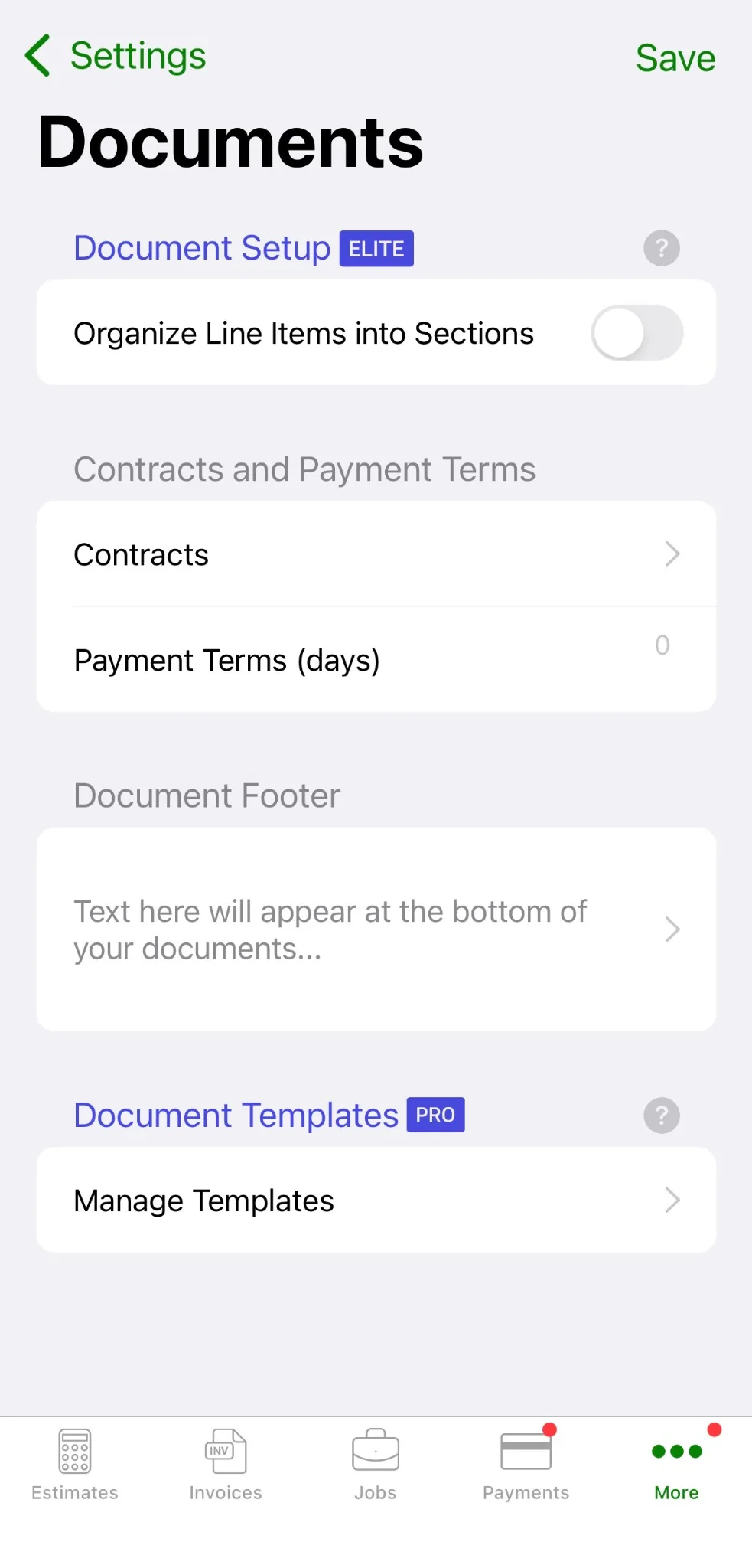 Joist iOS document settings with Document Setup marked Elite and Document Templates marked Pro