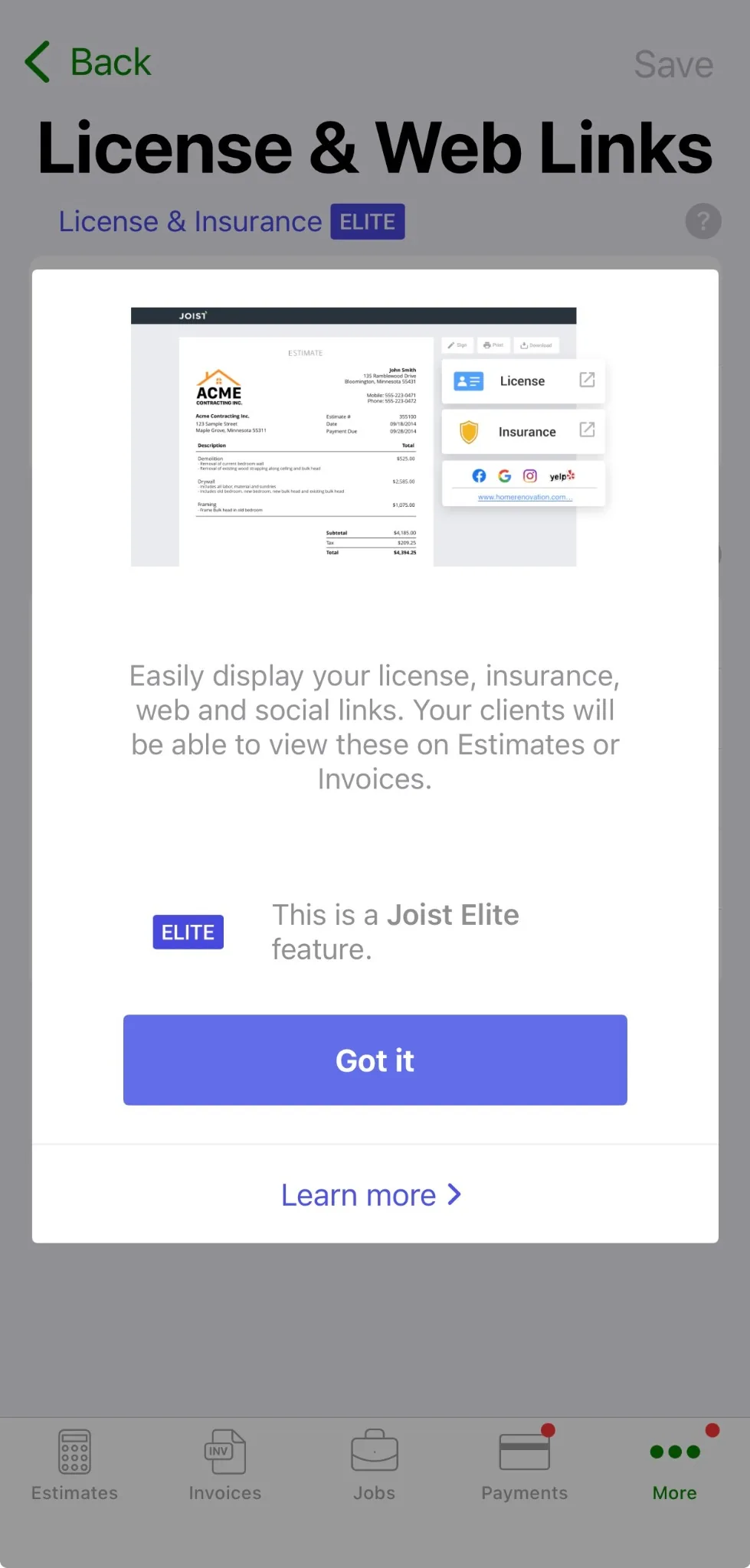 Joist iOS License and Web Links screen labeled as a Joist Elite feature with a sample estimate preview
