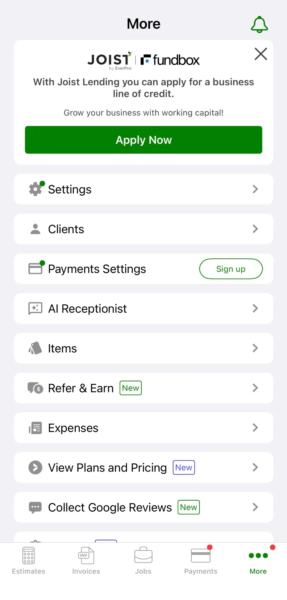 Joist iOS More menu listing Settings, Clients, Payments Settings, AI Receptionist, Items, Refer and Earn, Expenses, View Plans and Pricing, and Collect Google Reviews