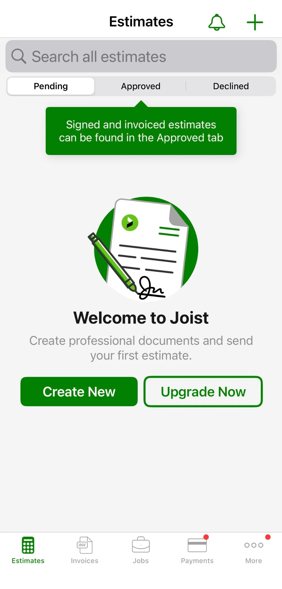 Joist iOS pending estimates list with a tip that signed and invoiced estimates can be found in the Approved tab