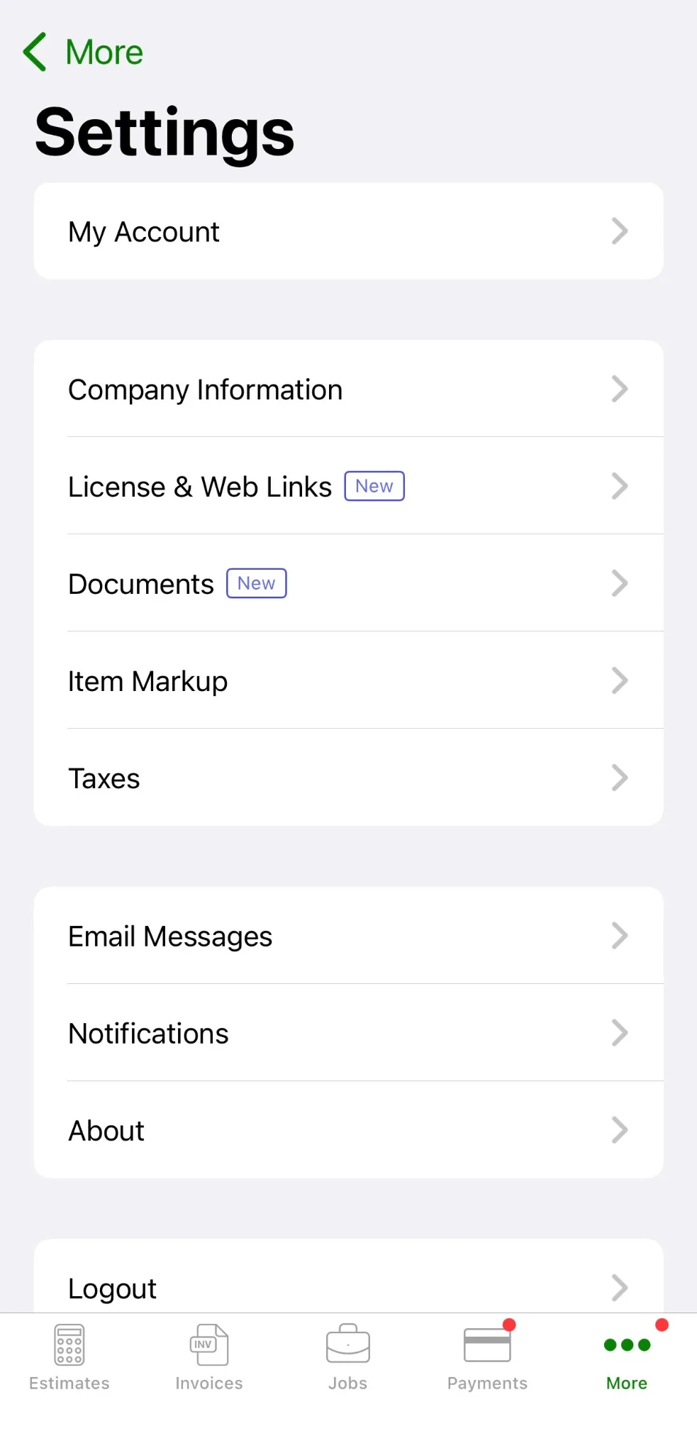 Joist iOS settings menu with company information, documents, license and web links, taxes, and notifications
