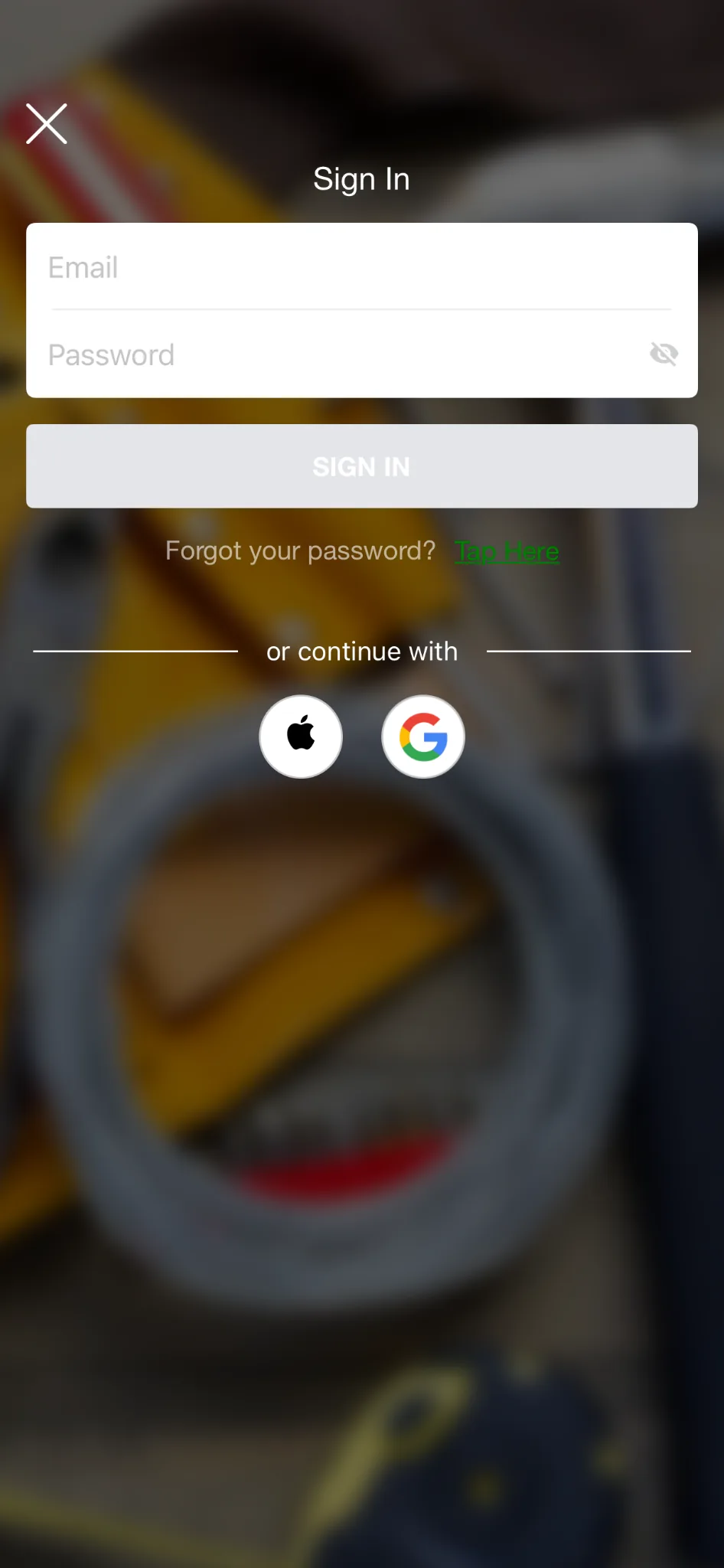 Joist iOS sign-in screen with email and password fields plus Google and Apple sign-in buttons