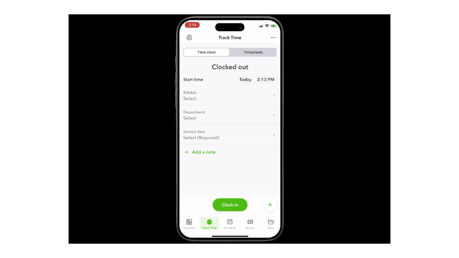 QuickBooks Time clock-in screen showing the punch control and job selection.