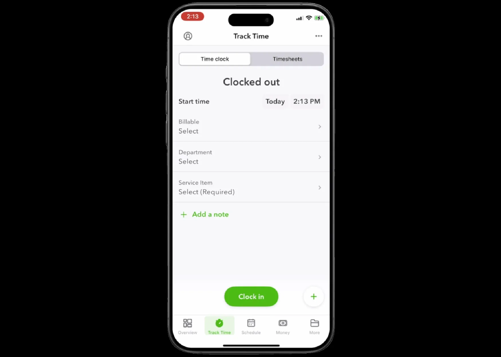 The QuickBooks Workforce mobile Track Time screen in a clocked-out state, with billable, department and service item selectors above a green Clock in button.