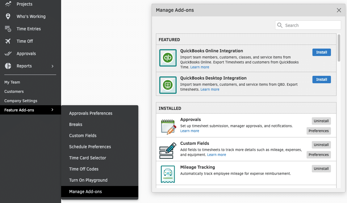 The Feature Add-ons screen in QuickBooks Time, where integrations are managed.