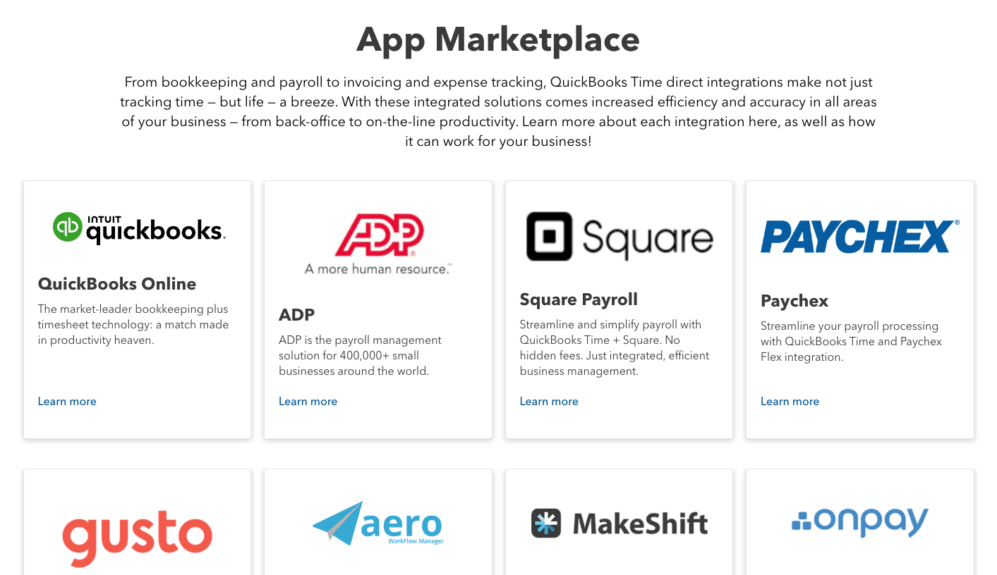 The QuickBooks Time app marketplace showing available third-party integrations.