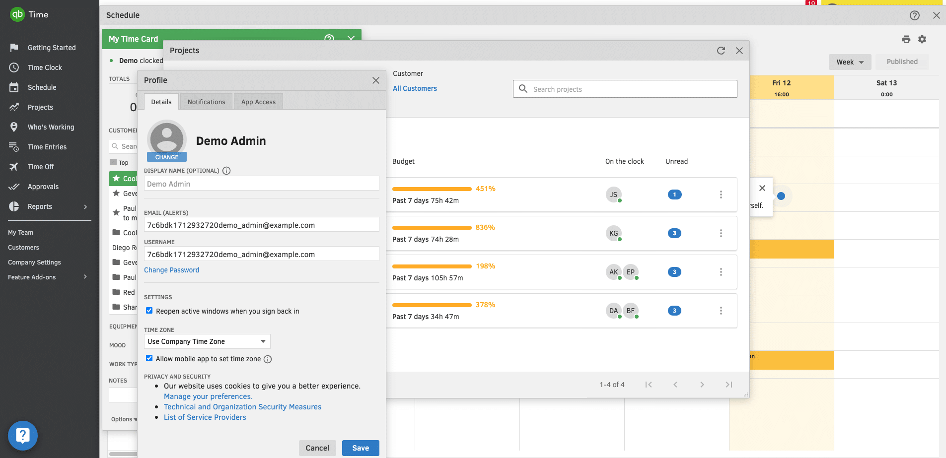 The QuickBooks Time web dashboard showing the layered multi-window interface with several panels open.