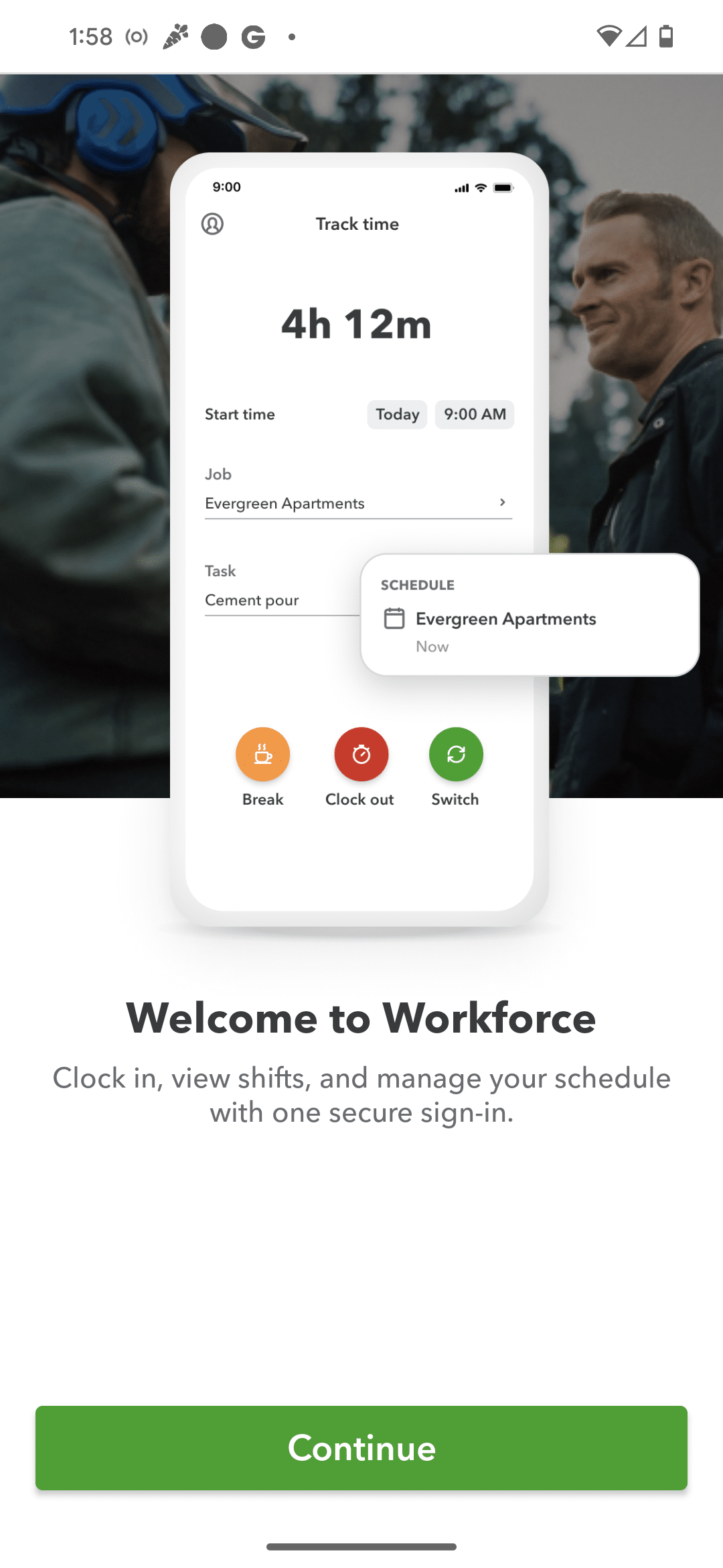 The QuickBooks Workforce home screen as it appears when a field worker first opens the app.