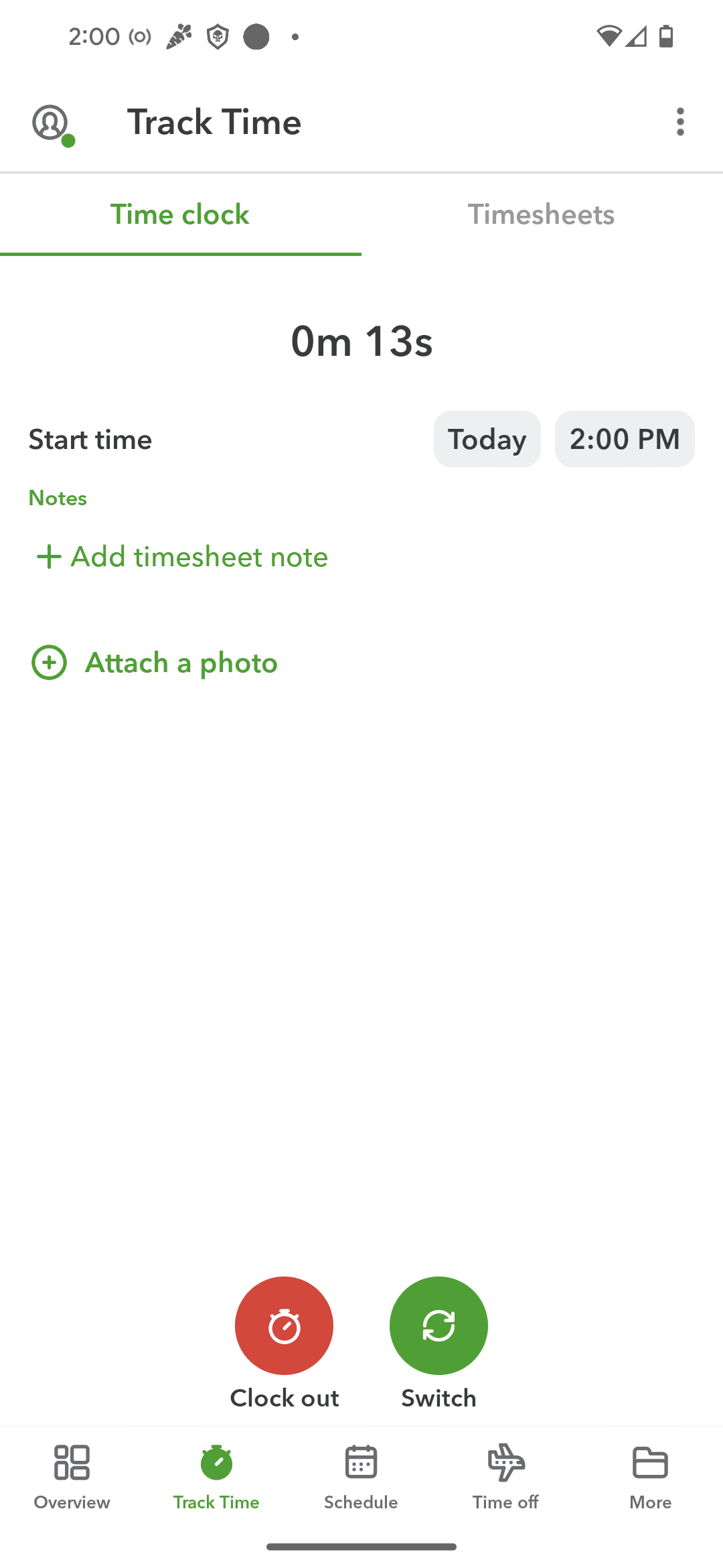 The time tracking screen in QuickBooks Workforce showing a running timer and clock-out control.