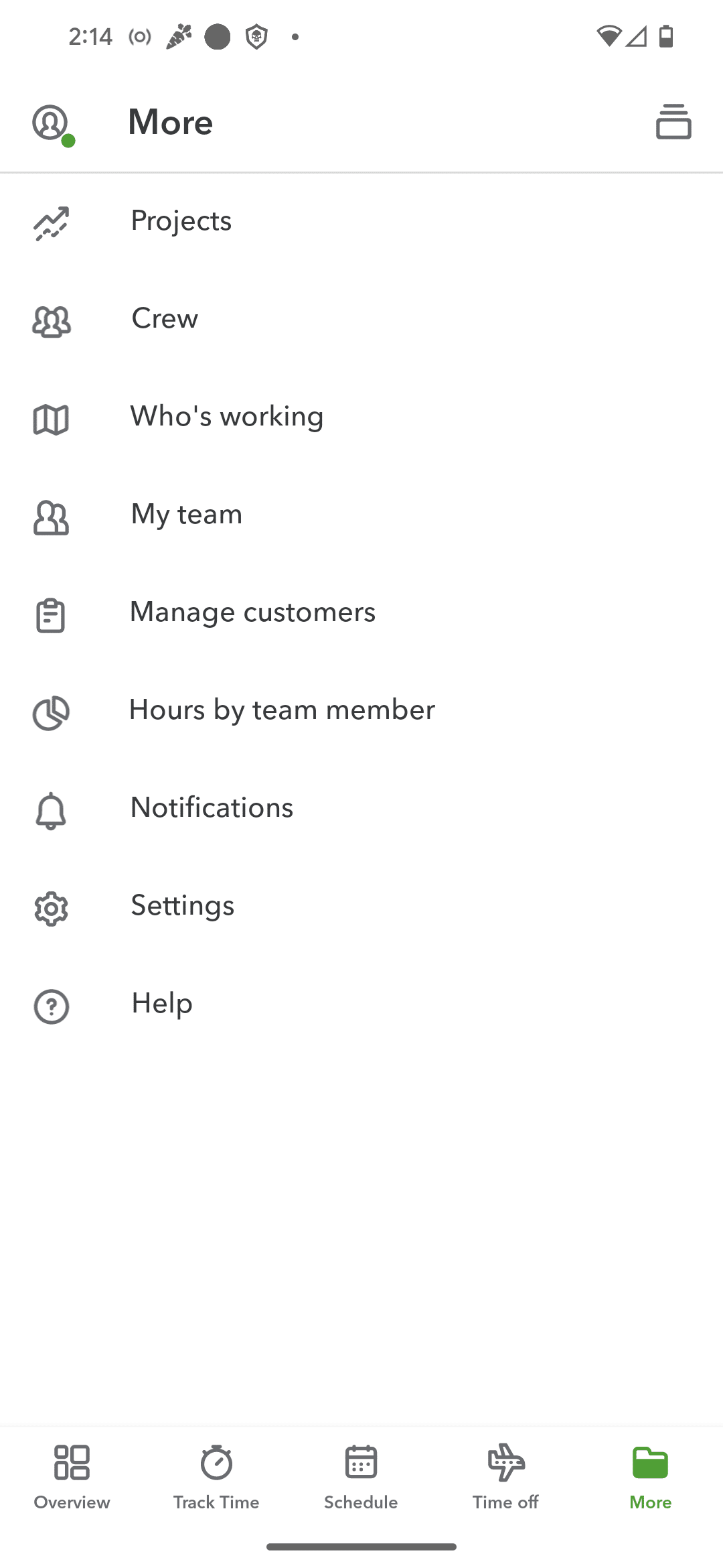 The admin controls available in the More tab of QuickBooks Workforce.