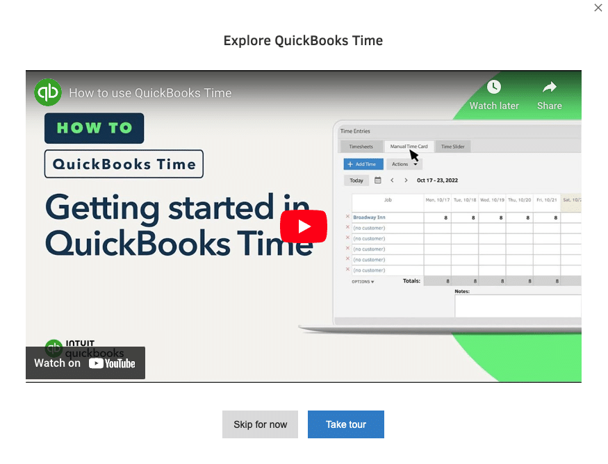 The QuickBooks Time Getting Started checklist showing company setup and team member steps.